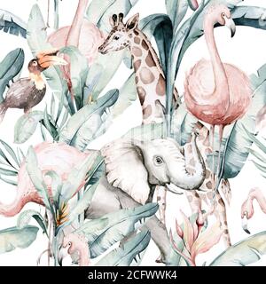 Tropisches Nahtloses Muster mit Flamingo. Aquarell tropisch Zeichnung, Rosenvogel und Grün Palme, tropisch grün Textur, exotische Blume Stockfoto