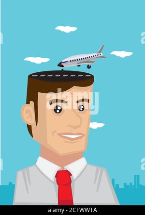Arbeiter mit Flugzeug, das auf dem Kopf landet, träumt von Urlaub. Konzeptuelle Vektordarstellung. Stock Vektor