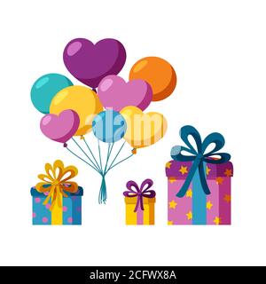 Bündel von Ballons und Set von Geschenk-Boxen. Fliegende Luftballons und bunte Geschenke für eine Party oder Feier. Flache Vektorgrafik isoliert in Stock Vektor