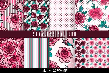 Nahtlose Muster Set Rose Natur Flower.Floral Ornament, botanische romantische ethnische. Stock Vektor