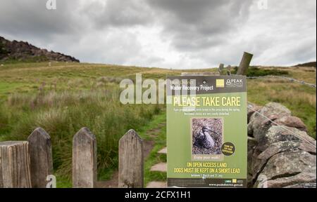 Peak District Wader Recovery-Projekt, Ground Nisting Vögel Warnschild, halten Hunde auf einer kurzen Führung Stockfoto