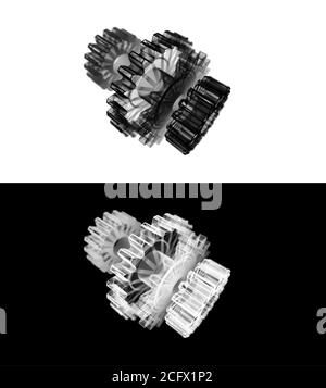 3D Rendering Umriss Set von Gear, Drahtmodell einer Gruppe von Gear, für Maschinenbau Konzept, Engineering Teamwork und Corporate Metapher, Business Stockfoto