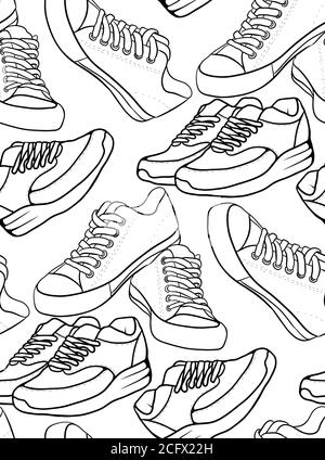 Nahtlose schwarz-weiße Textur mit einem Konturmuster aus Laufschuhen und einem Sneaker. Vektor-Sport-Muster für Ihre Kreativität Stock Vektor
