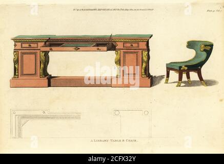 Ein Bibliothekstisch und Stuhl, 1812. Tisch mit Schubladen, Schränken und einem verschiebbaren Schreibtisch, verziert mit geschnitzten ormolu Figuren, die Oberseite mit grünem marokko Leder bedeckt, mit passendem Stuhl. Handkolorierter Kupferstich aus dem Upholsterer's and Cabinet-Maker's Repository, bestehend aus sechsundsiebzig Entwürfen moderner und modischer Möbel, Rudolph Ackermann, London, 1830. Stockfoto