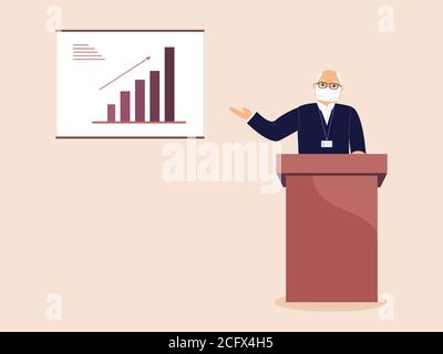 Sprecher in Schutzmaske hinter Rednerpult Bericht und Zeigt auf Poster mit Diagramm des Wachstums der Indikatoren Während einer Virusepidemie Stockfoto