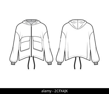 Kapuzenjacke mit Reißverschluss und Panel-Design, technische Mode-Illustration mit praktischen Pattentaschen, übergroßen, langen Ärmeln und Kordelzug am Saum. Flache Mantelschablone vorne, Rückseite weiß. Damen Herren Unisex TOP CAD Stock Vektor
