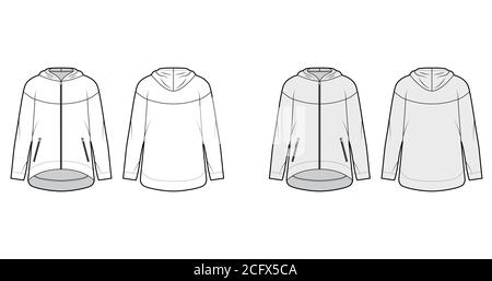 Reißverschluss Oversized Baumwoll-Fleece Hoodie technische Mode Illustration mit Reißverschluss Paspeltaschen, lockere Passform, lange Ärmel. Flache Jumper Schablone vorne, hinten, weiß graue Farbe. Damen Sweatshirt Oberteil CAD Stock Vektor