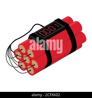 Realistische detaillierte isometrische Rot Detonate Dynamite Bomb Stick und Timer-Uhr isoliert auf weißem Hintergrund. Zeitbombe. Vektorgrafik Stock Vektor