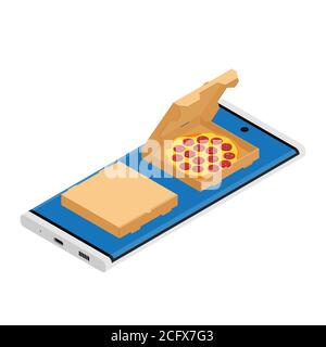 Salami Pizza in einem Karton für Restaurants oder Pizzerien Lieferung. Leckere Pizza mit Käse und Salami. Online-Lieferservice. E-Store Stock Vektor