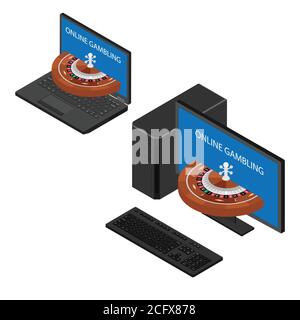 Casino und Glücksspiel Konzept. Online-Glücksspiel. Computermonitor und Laptop Screeen mit Casino Roulette Rad Stock Vektor
