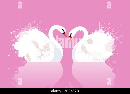 Vektordarstellung eines Schwanenpaares mit Aquarellspritzern. Liebe. Vektor-Element für Ihre Kreativität Stock Vektor