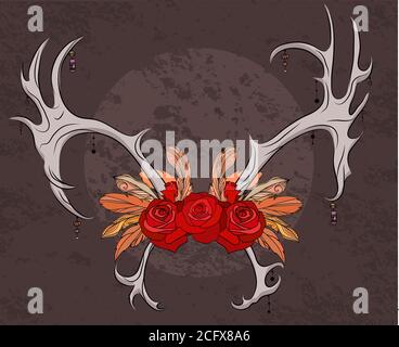 Farbdarstellung Hirschgeweih mit Rosen und Federn. Boho. Vektor-Element für Ihre Kreativität Stock Vektor