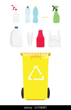 Gelbe Dose mit sortiertem Plastikmüll-Vektor-Symbol. Recycling Mülltrennung und Recycling isoliert auf weißem Hintergrund. Recyclingkonzept Stock Vektor