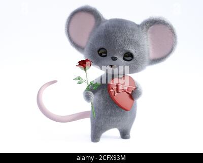 3D-Rendering einer entzückenden kawaii pelzigen lächelnden Maus hält ein Herz geformte Schokolade-Box in der einen Hand und eine rote Rose in der anderen Hand, wobei romant Stockfoto