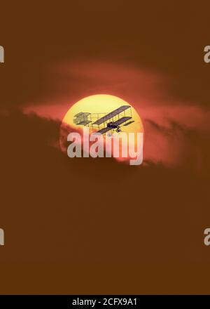 Bristol Boxkite Pionier biplane vintage Flugzeug über Sonnenuntergang Stockfoto