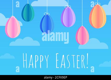 Festliche Osterkarte mit hängenden Papier Origami-Eier, Gruß in den Himmel mit Wolken. Stock Vektor