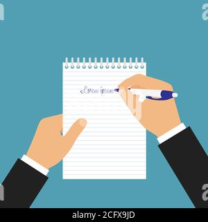 Flache Design-Abbildung des Managers Hand halten Papier Pad und Schreibt Text mit Stift - Vektor Stock Vektor
