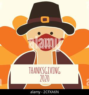 Grußkarte Vorlage Thanksgiving 2020. Vollständig editierbare Vektordarstellung. Türkei trägt eine Gesichtsmaske. Bleiben Sie zu Hause, sozial distanzierende Design. Flyer Stock Vektor