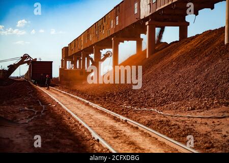 Bauxit-Tonerde-Tagebau. Verladung und Eisenbahntransport Terminal. Bagger belädt Aluminiumerz. Hopper Auto Zug und Arbeiter auf der Strecke. Stockfoto