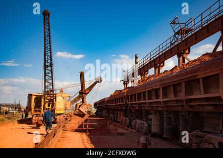 Aluminiumerz (Bauxitton) Bergbau und Verarbeitung. Ladung und Bahn Transport Terminal aus Hopper Auto Zug. Stockfoto