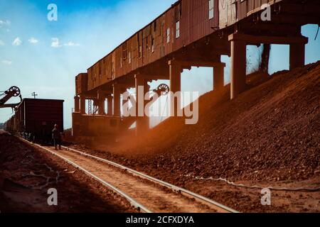 Bauxit-Tonerde-Tagebau. Verladung und Eisenbahntransport Terminal. Bagger belädt Aluminiumerz. Hopper Auto Zug auf Schienen und Arbeiter. Stockfoto