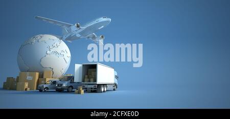 Die Erde, viele Kisten und eine Transportflotte aus Transportern, Lastwagen und einem Flugzeug Stockfoto