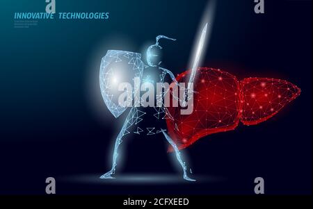 Low Poly 3D Human Lever khight Shield schützen. Medizin Erholung Technologie Medikament Medizin Konzept. Vektorgrafik Stock Vektor