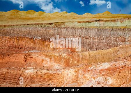 Aluminiumerz-Steinbruch. Bauxit-Tonerde-Tagebau. Textur des mineralischen Schneidens mit Baggereimer. Farbschichten des Geländes. Am blauen Himmel mit Wolken Stockfoto