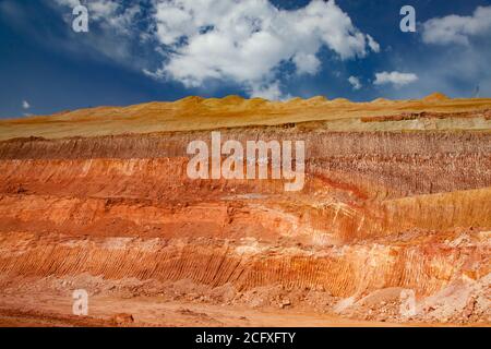 Arkalyk/Kasachstan - Mai 15 2012: Aluminiumerzbruch. Bauxit-Tonerde-Tagebau. Eine Textur des mineralischen Schneidens mit Baggereimer. Eine farblaye Stockfoto