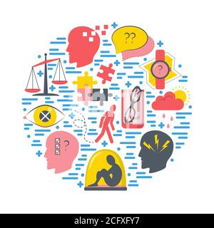 Alzheimer-Symptome rund Konzept in flachen Stil. Banner oder Poster Vorlage mit Senioren Krankheitszeichen. Stock Vektor