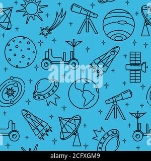 Nahtloses Muster mit Space-Symbolen im dünnen Linienstil. Raumschiffe, Planeten und andere Symbole auf blauem Hintergrund. Stock Vektor