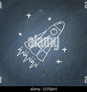Weltraumrakete Symbol auf Kreidetafel. Raumschiff Symbol - Kreidezeichnung. Stock Vektor