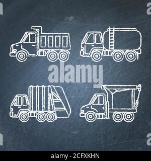 Set von LKW-Icons Skizzen auf Tafel. Sammlung von Lastenfahrzeug Symbole Zeichnungen. Stock Vektor