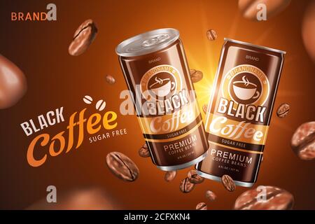 Zucker frei schwarzen Kaffee Promo-Design in 3d-Illustration mit Geröstete Kaffeebohnen fliegen auf braunem Hintergrund Stock Vektor