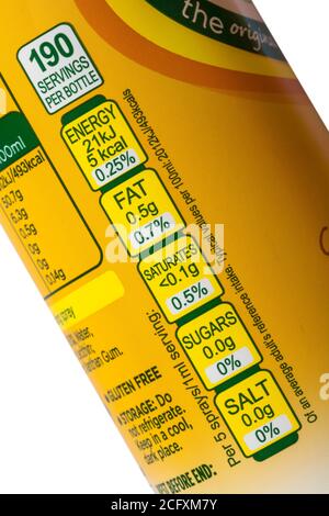 Nutritional information on bottle of fry light golden sunflower oil cooking spray Stockfoto