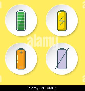 Satz von Akkuladestandanzeigen in flacher Ausführung auf runder Taste. Energie laden Bunte Symbole auf weiß isoliert. Stock Vektor