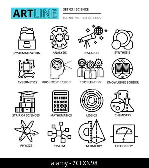 Moderne editierbare Linienvektorillustration, Satz von Wissenschaft-Symbolen, für Grafik und Web-Design Stock Vektor