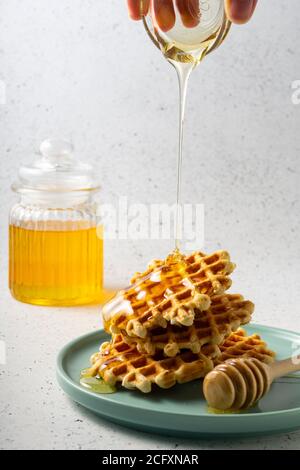 Selektiver Fokus, belgische Zuckerwaffeln mit Blumenhonig auf einem blauen Teller Stockfoto