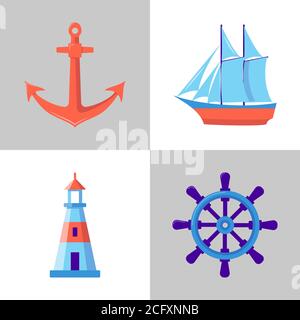 Ocean Kollektion von Ikonen im flachen Stil. Marine Symbole Set einschließlich Anker, Leuchtturm, Schiff und Lenkrad. Elemente des Seefahrts-Konzepts. Stock Vektor