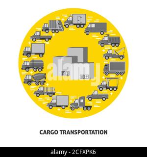 Cargo Transport Rundkonzept mit verschiedenen Arten von Lkw in flacher Ausführung. Stock Vektor
