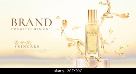 Hautpflege kosmetisches Produkt auf dem Podium mit Spritzer Wasser in 3d-Illustration Stock Vektor