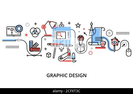 Moderne flache dünne Linie Design Vektor Illustration, Infografik Konzept des Grafikdesigns, Designer-Artikel und Tools, und Design-Entwicklungsprozess, für Stock Vektor