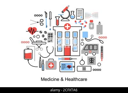 Moderne flache dünne Linie Design Vektor Illustration, Konzept der Medizin und Gesundheitswesen, erste Hilfe, medizinische Geräte und Arzneimittel Heilung, für Grafik ein Stock Vektor