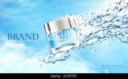 Anzeigenvorlage für erfrischendes Beauty-Produkt, JAR-Mock-up mit Wasserspritzer-Effekt, 3d-Illustration Stock Vektor