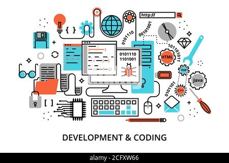 Moderne flach bearbeitbare Linie Design Vektor Illustration, Konzept der Programmierung, Entwicklungssoftware und Codierungsprozess, für Grafik-und Web-Design Stock Vektor