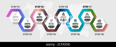 Vektor-Infografik-Schablone Sechsecke für acht Symbole, Diagramm, Diagramm, Darstellung. Geschäftskonzept mit 8 Schritten. Für Inhalt, Flussdiagramm, Zeitleiste Stock Vektor