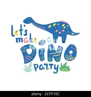Lassen Sie uns einen Dino Party Vektor-Schriftzug auf weißem Hintergrund machen. Niedliche Dinosaurier Party Einladung. Dino Geburtstag Banner Vorlage. Dinosaurier-Themen-Zelebati Stock Vektor