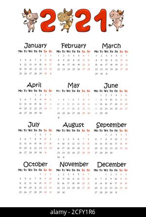 2021 Jahre vertikaler Kalender auf A4-Papierformat. Niedliche Ochse Lunar Tierkreis Tiercharakter. Kinderzimmerkalender mit Cartoon-Kühen. 2021 Kalendertemplat Stock Vektor