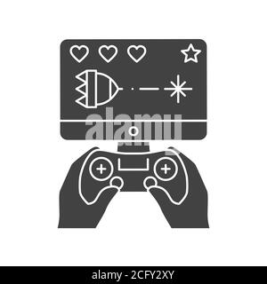 Computerspiele schwarzes Glyph-Symbol. Gamer hält Joystick und spielt Videospiel. Freizeit zu Hause. Vektor-isolierte Illustration. Stock Vektor