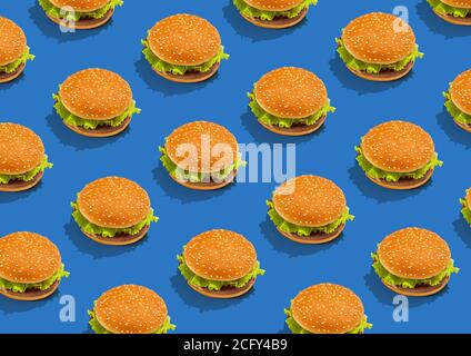 Leckere, frische Hamburger mit Salat und Sesambrötchen auf Blau Hintergrund Stockfoto